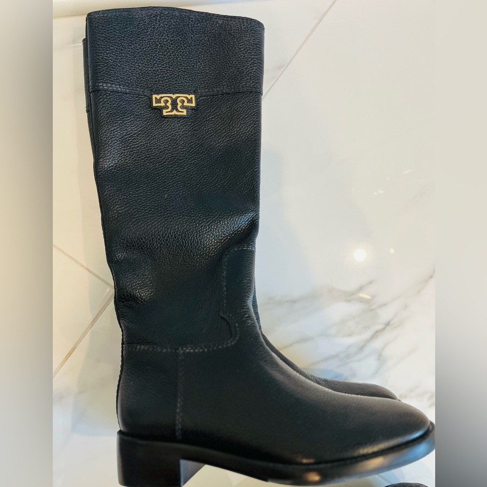 Tory Burch Black Heeled Boots with Gold Accent